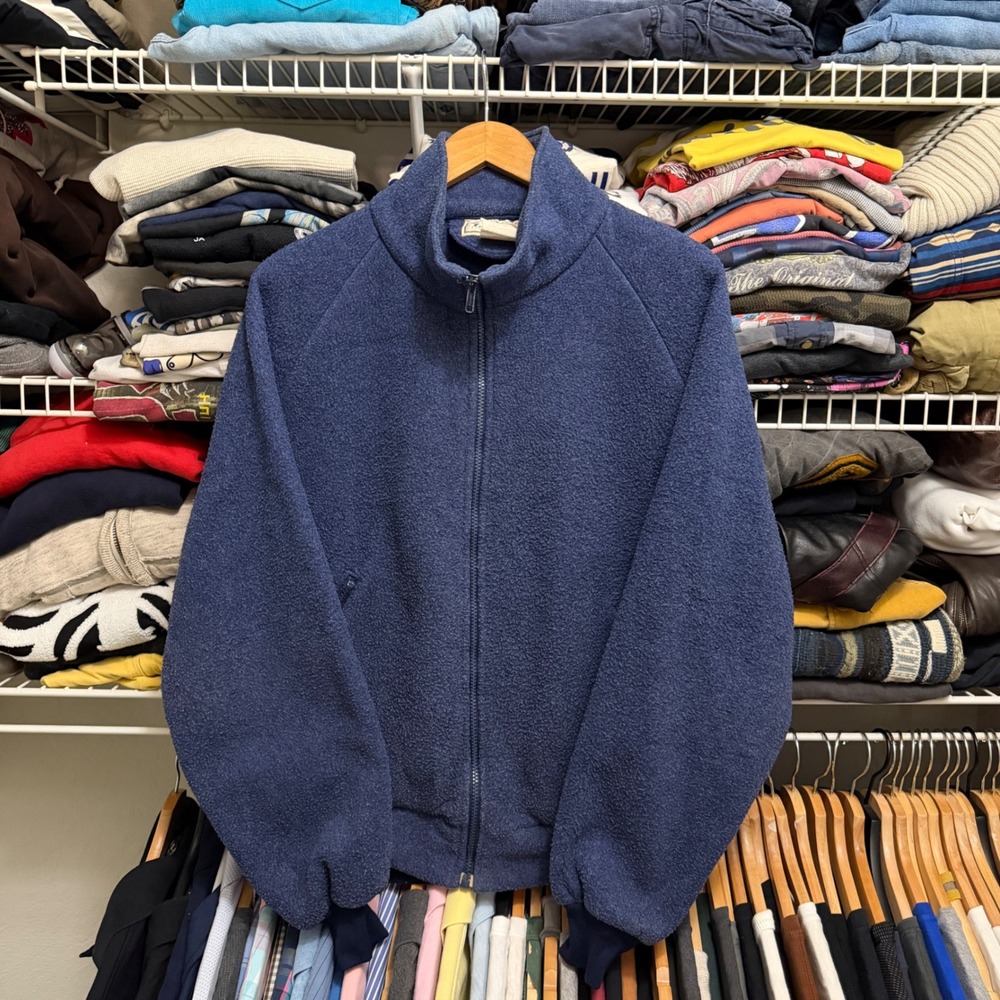 LL Bean Fleece Jacket Mens L Navy Blue Full Zip Vintage Bomber Style Soft Warm